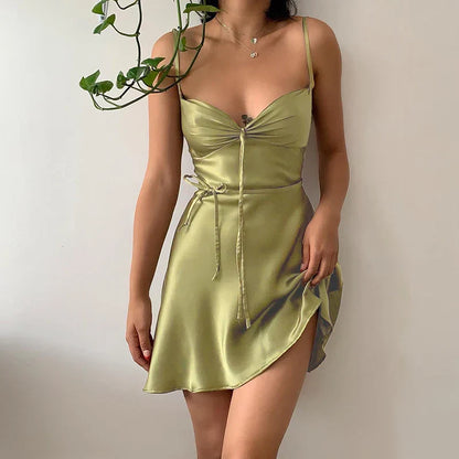FashionSierra - Summer Condole Pure Color Belt Skirt New Spring Temperament Cultivate One's Morality Short Skirt Girl Mini Dress