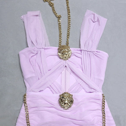 Alice Mesh Ruched Dress with Cut Out Chains