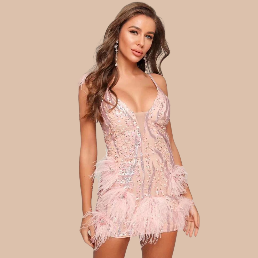 Antonella Mini Dress with Feather Sequin Embellishments