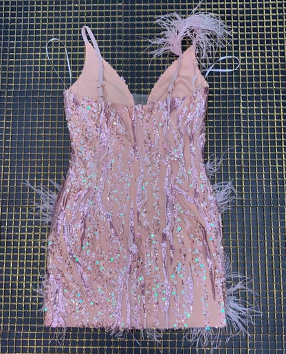 Antonella Mini Dress with Feather Sequin Embellishments