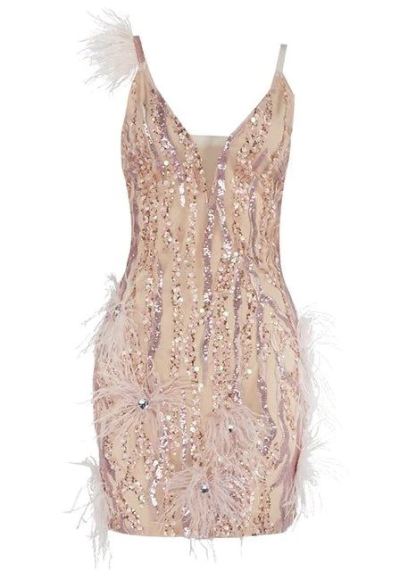 Antonella Mini Dress with Feather Sequin Embellishments