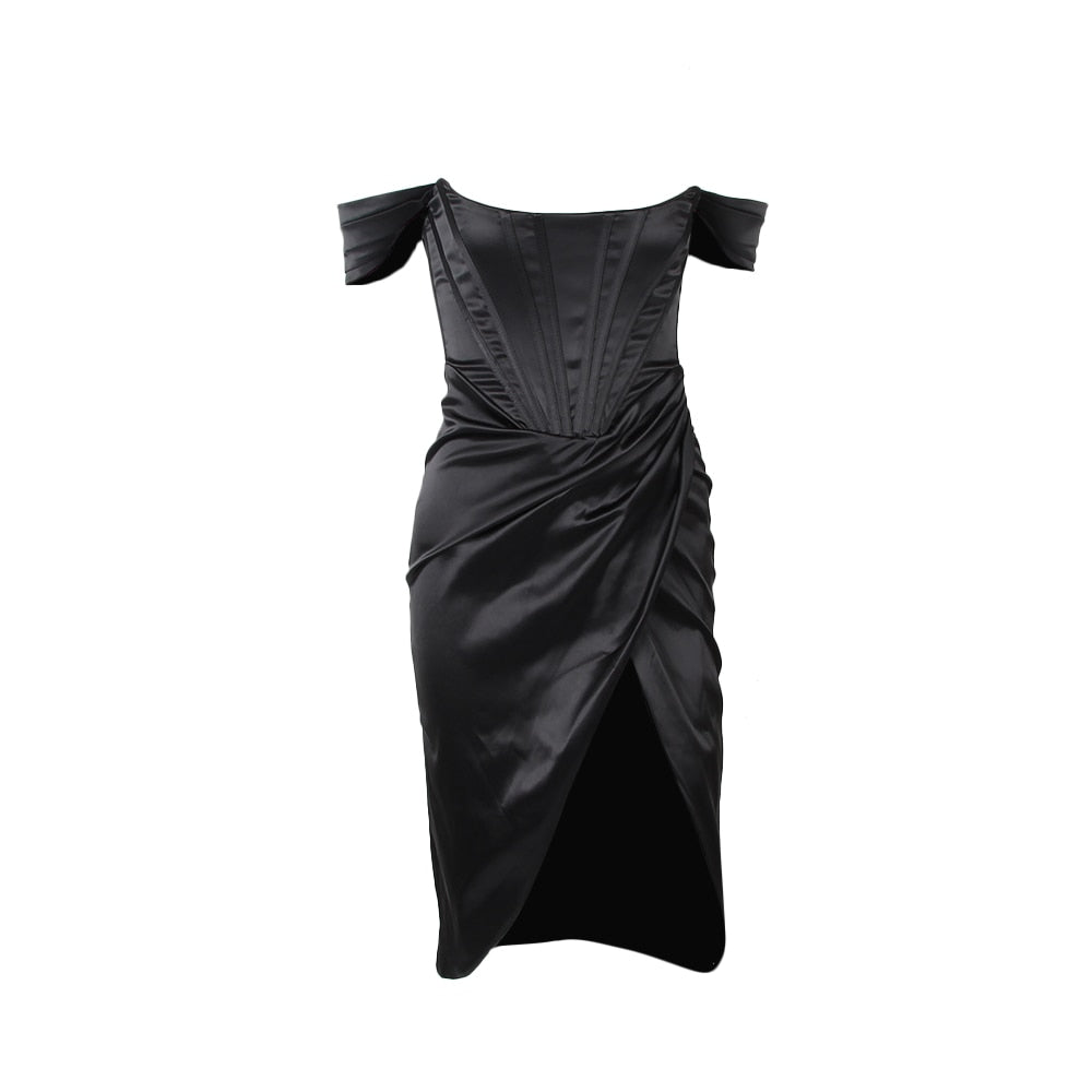 Graceful Satin Off-Shoulder Dress with Fluid Movement