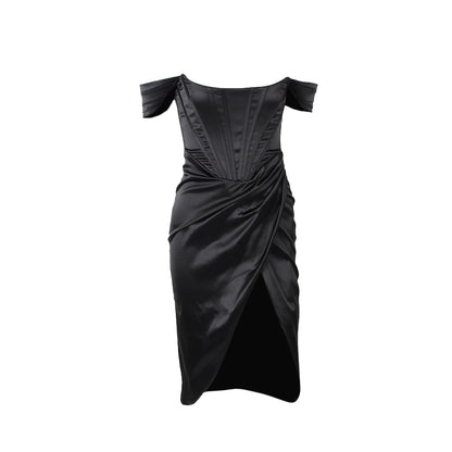 Graceful Satin Off-Shoulder Dress with Fluid Movement
