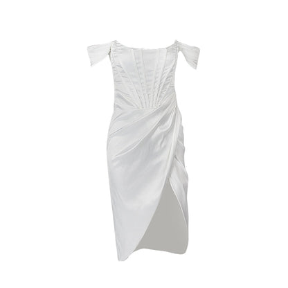 Alluring Satin Off-Shoulder Dress with Flowing Layers