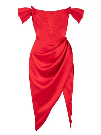 Stunning Satin Off-Shoulder Dress with Soft A-Line Cut