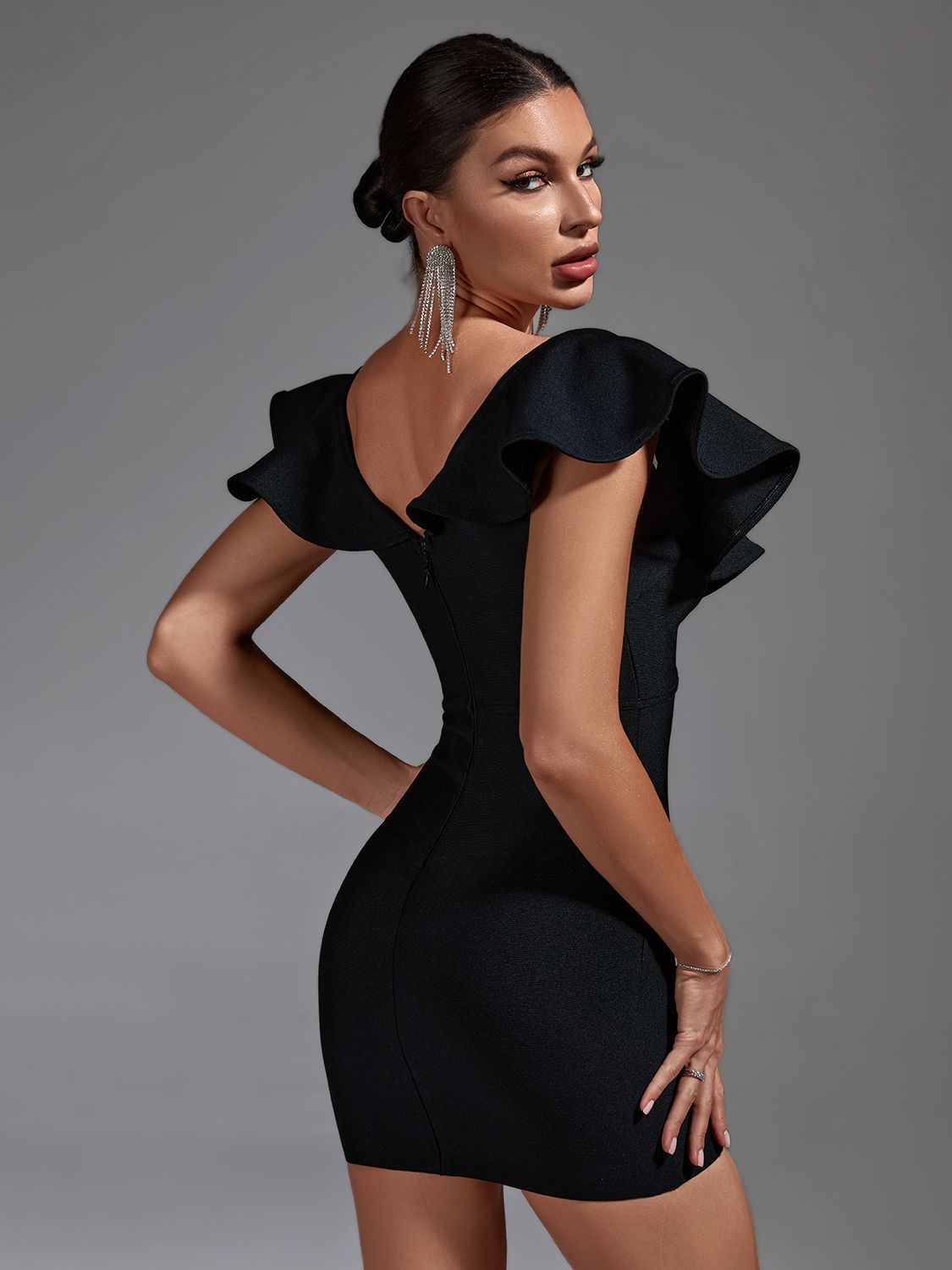 Leah Bandage Dress with Ruffle Shoulders