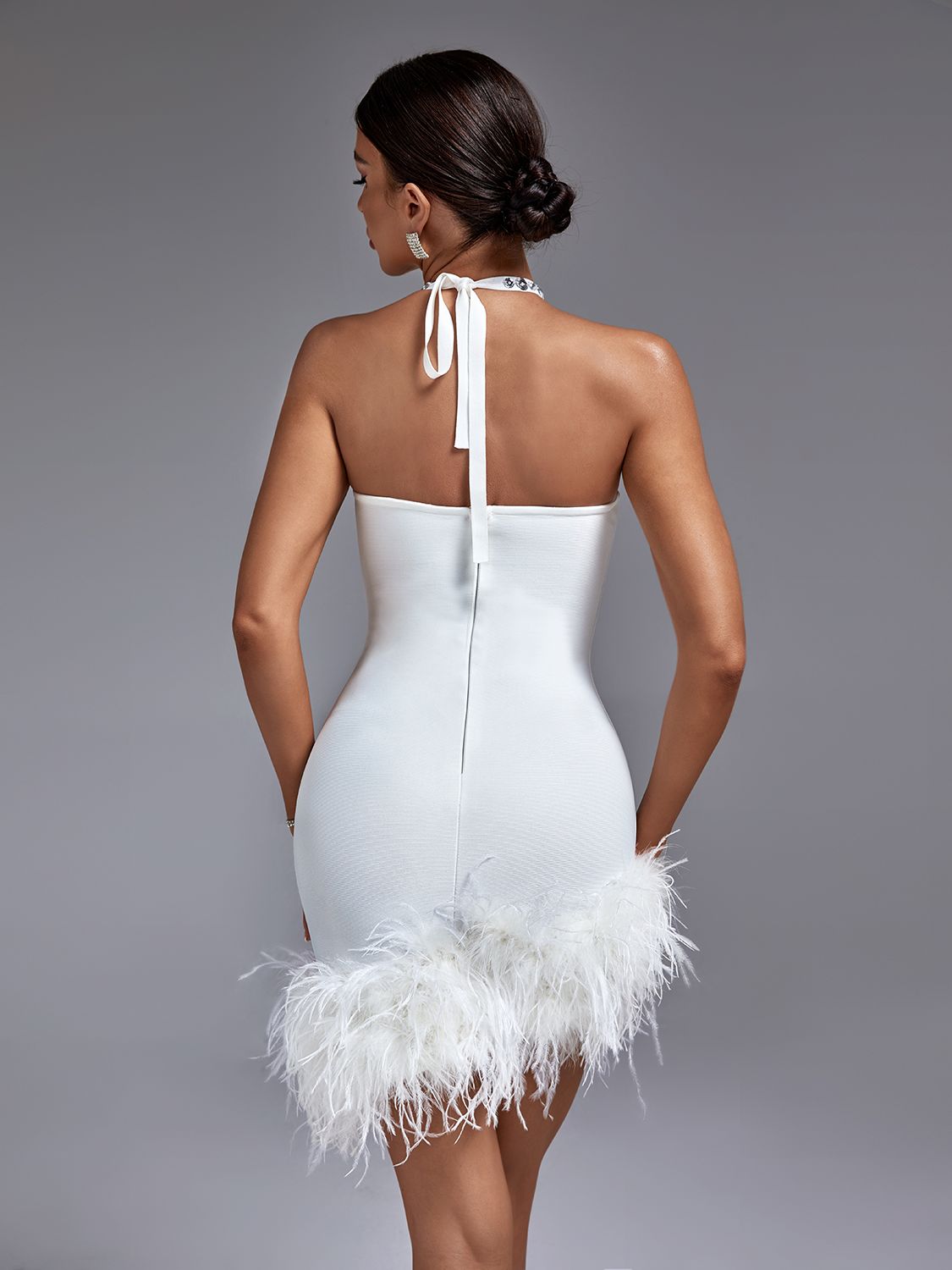 Leilani Bandage Halter Dress with Rhinestone Cut Outs and Feathers