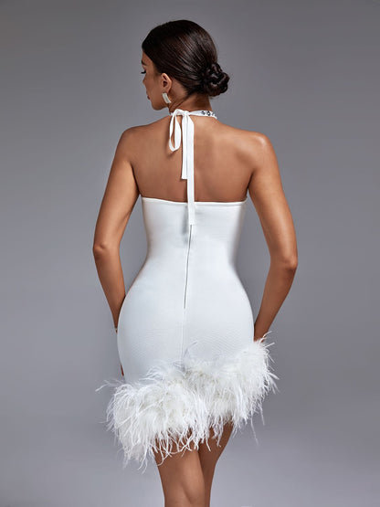 Leilani Bandage Halter Dress with Rhinestone Cut Outs and Feathers