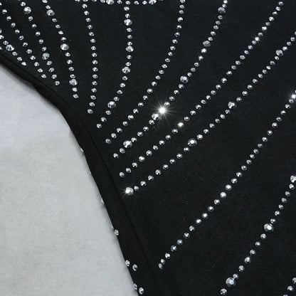Nathalie Mesh Rhinestone Feather Dress with Long Sleeves