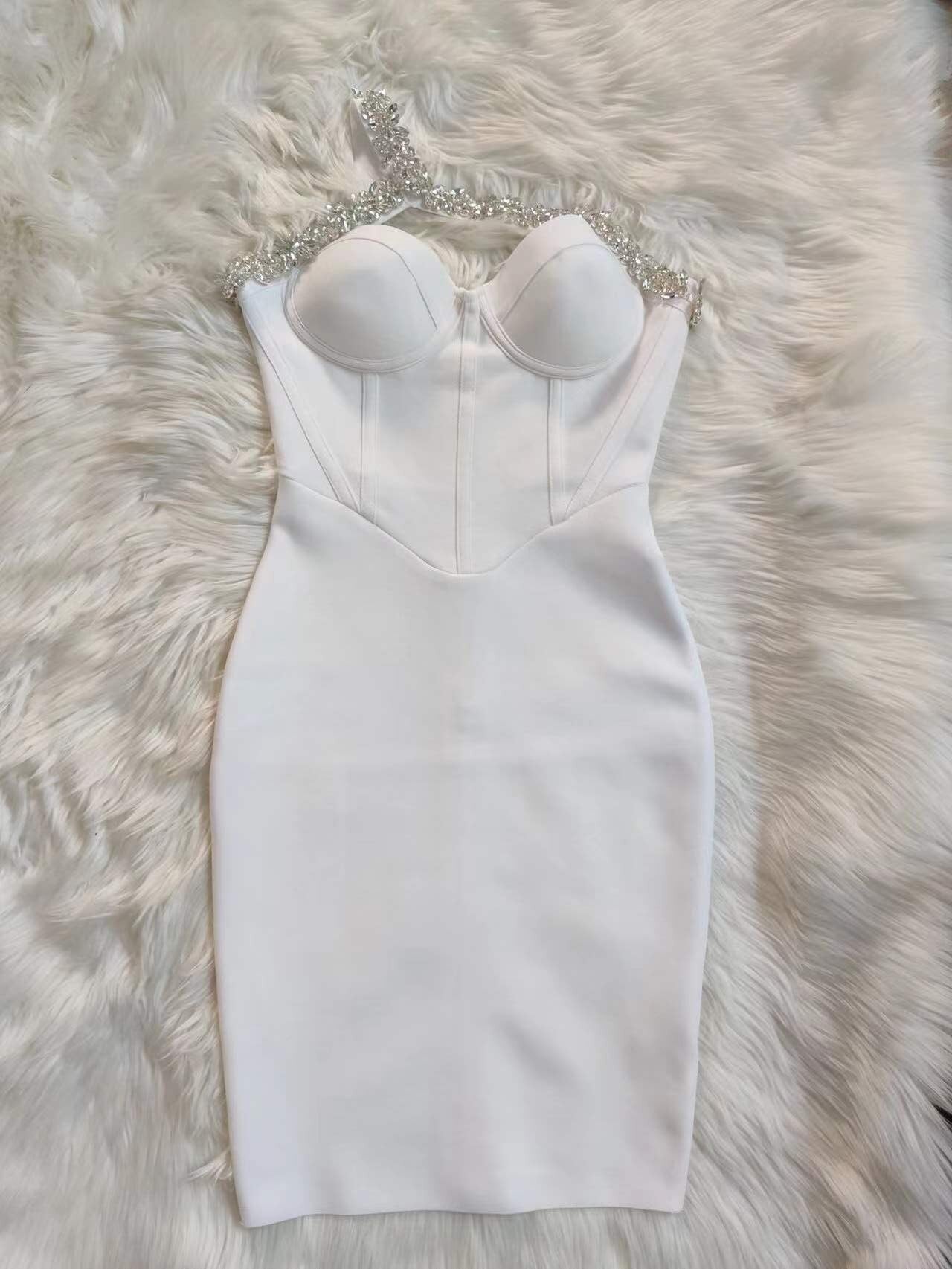 Radiant One-Shoulder Bandage Dress with Glittering Rhinestone Trim