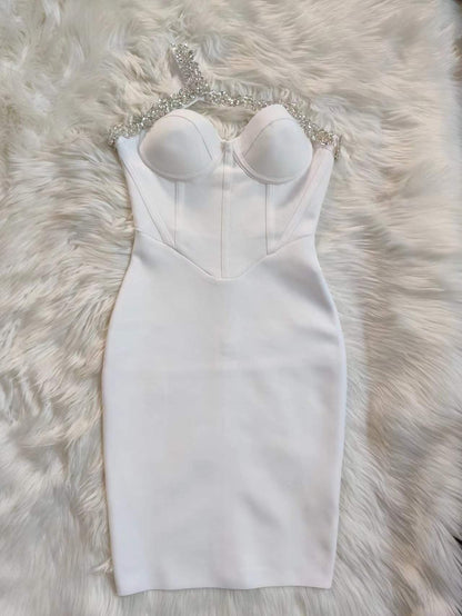 Radiant One-Shoulder Bandage Dress with Glittering Rhinestone Trim
