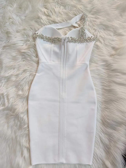 Radiant One-Shoulder Bandage Dress with Glittering Rhinestone Trim