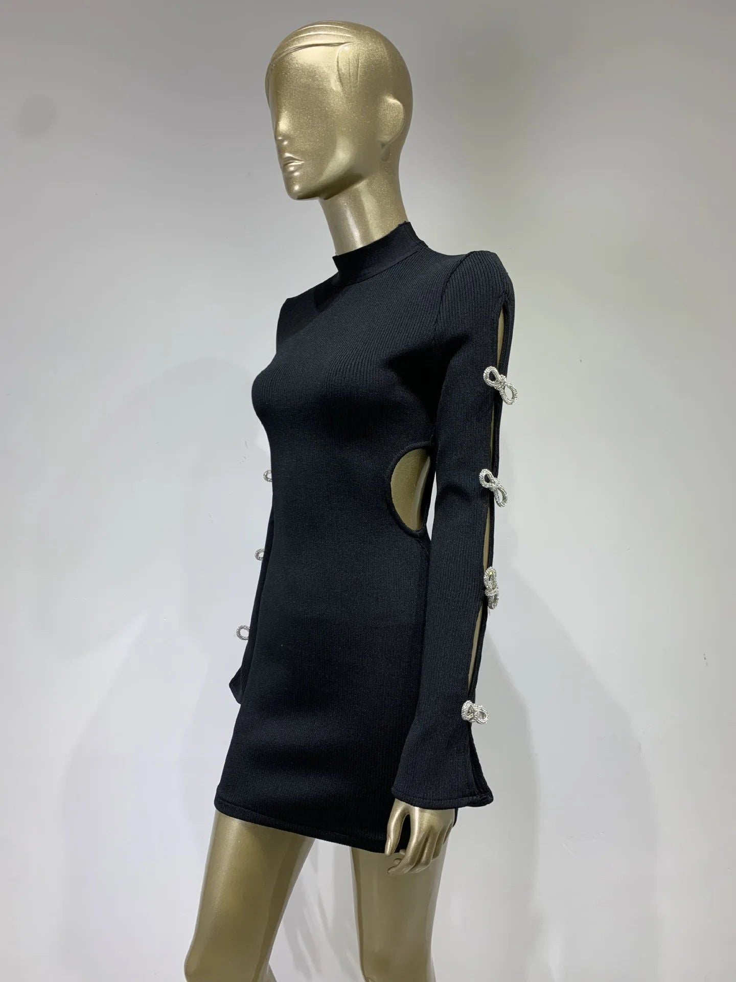 Long Sleeve Bandage Dress with Cut Out Rhinestone Bows