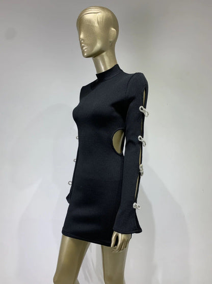 Long Sleeve Bandage Dress with Cut Out Rhinestone Bows