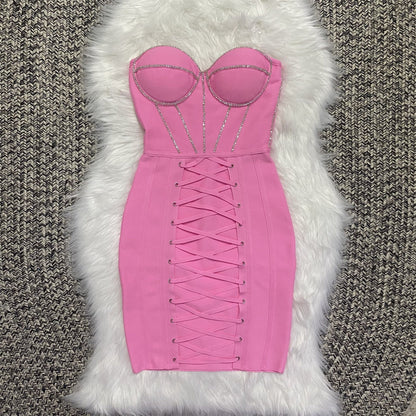 Xenia Bandage Dress with Laced Up Rhinestone Detail