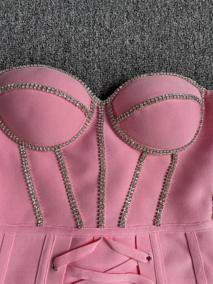 Xenia Bandage Dress with Laced Up Rhinestone Detail