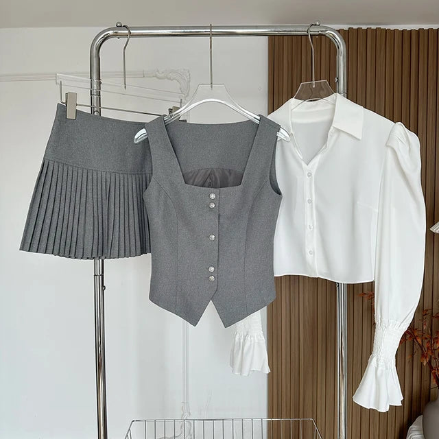 Sweet 3 Piece Set Women Flare Sleeve Shirt Square Collar Vest Pleated Mini Skirt Autumn Spring Solid Y2K Korean Chic Outfits New