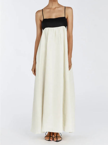 Contrast Color Suspender Dress Women’s Fashion Sexy Backless Long Ball Gown Dress Sleeveless Loose Female Holiday Clothes
