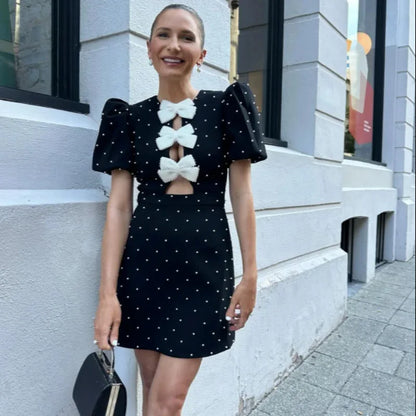 Hollow Out Bow Dress For Women Street Y2k O Neck Bodycon Dresses Female Party Elegant Sexy Slim Evening Dress Ladies 2025