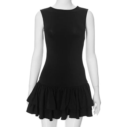 Ruffles Splice Sexy Vest Mini Dress For Women Sleeveless Slim Fit Fashion Solid Color Hot Girl Club Party Dress Female