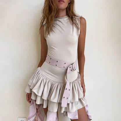 Ruffles Splice Sexy Vest Mini Dress For Women Sleeveless Slim Fit Fashion Solid Color Hot Girl Club Party Dress Female