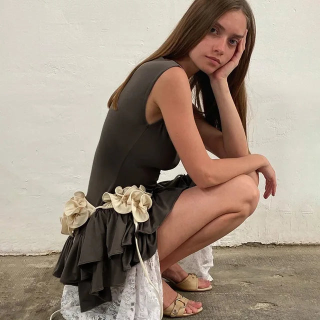 Ruffles Splice Sexy Vest Mini Dress For Women Sleeveless Slim Fit Fashion Solid Color Hot Girl Club Party Dress Female