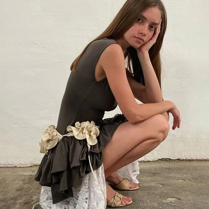 Ruffles Splice Sexy Vest Mini Dress For Women Sleeveless Slim Fit Fashion Solid Color Hot Girl Club Party Dress Female