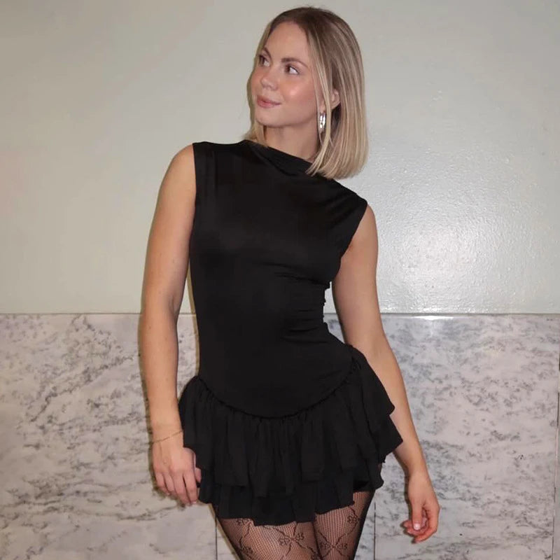 Ruffles Splice Sexy Vest Mini Dress For Women Sleeveless Slim Fit Fashion Solid Color Hot Girl Club Party Dress Female