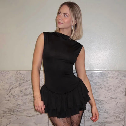 Ruffles Splice Sexy Vest Mini Dress For Women Sleeveless Slim Fit Fashion Solid Color Hot Girl Club Party Dress Female