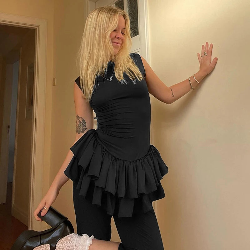 Ruffles Splice Sexy Vest Mini Dress For Women Sleeveless Slim Fit Fashion Solid Color Hot Girl Club Party Dress Female