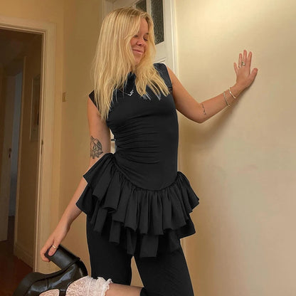 Ruffles Splice Sexy Vest Mini Dress For Women Sleeveless Slim Fit Fashion Solid Color Hot Girl Club Party Dress Female