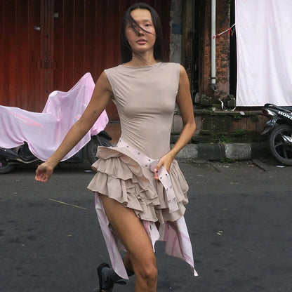 Ruffles Splice Sexy Vest Mini Dress For Women Sleeveless Slim Fit Fashion Solid Color Hot Girl Club Party Dress Female