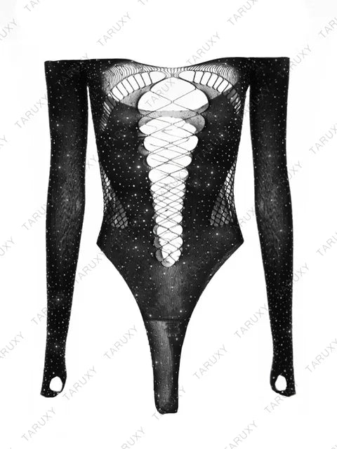See Through Sparkly Mesh Bodysuit Women Long Sleeve Rhinestone Body Tops Hot Drill Female Party Nightclub Sexy Lingerie