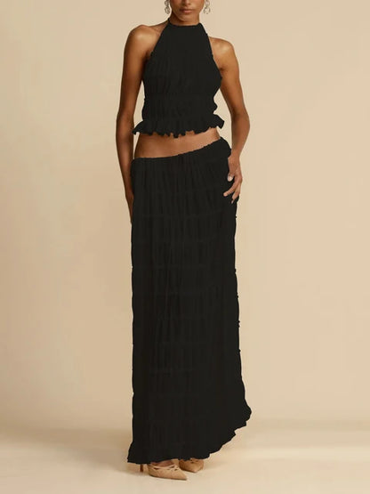 Sexy Backless Halterneck Strappy Pleated Lace Vest Long Skirt Suit For Women Mesh Splice Solid Summer Beach Party Outfits