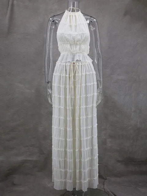 Sexy Backless Halterneck Strappy Pleated Lace Vest Long Skirt Suit For Women Mesh Splice Solid Summer Beach Party Outfits