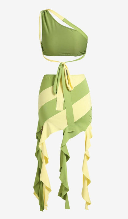 Tassel Irregular Two-Piece Dress in Moss Green