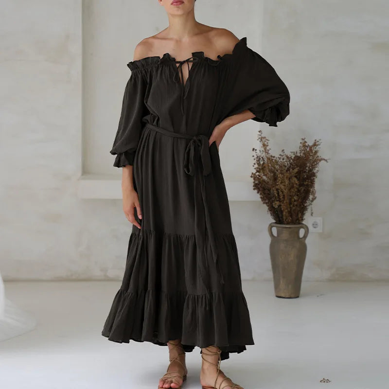 FashionSierra-100% Cotton Vintage Off Shoulder Long For Women Robe Casual Lace Up Loose Summer Solid Ruffles Vestidos Boho Dress