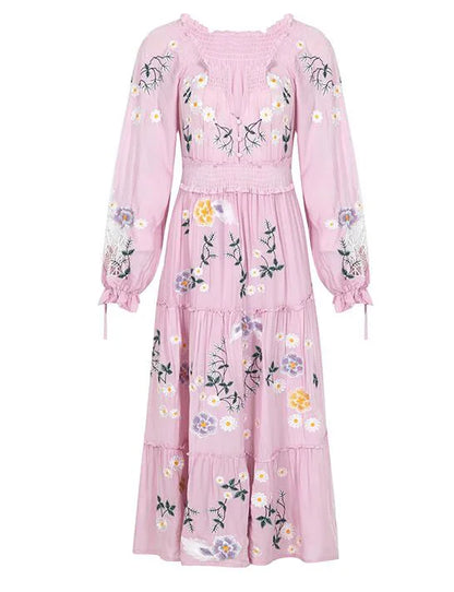 FashionSierra-Blue  Floral Embroidery  Casual  Deep V  Long Sleeve  Vintage  Loose  Ruffles Boho Dress