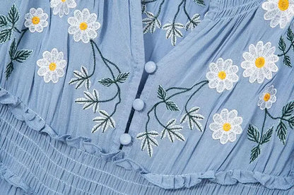 FashionSierra-Blue  Floral Embroidery  Casual  Deep V  Long Sleeve  Vintage  Loose  Ruffles Boho Dress