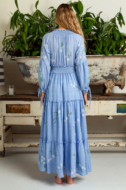 FashionSierra-Blue  Floral Embroidery  Casual  Deep V  Long Sleeve  Vintage  Loose  Ruffles Boho Dress