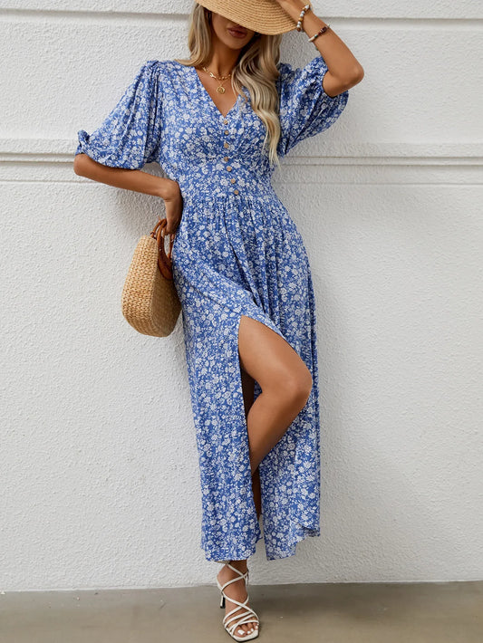FashionSierra-Beach  Half Puff Sleeve  Maxi  Women  Robe  Vintage  Rayon Cotton  Floral Print  Long  Summer  Ladies Boho Dress