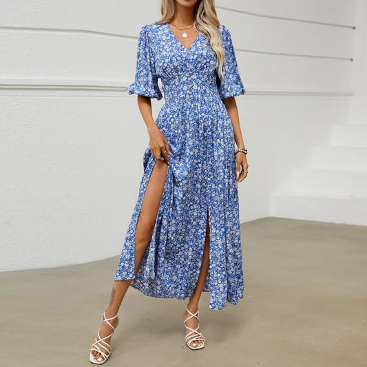FashionSierra-Beach  Half Puff Sleeve  Maxi  Women  Robe  Vintage  Rayon Cotton  Floral Print  Long  Summer  Ladies Boho Dress