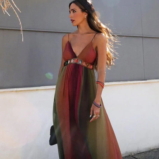 FashionSierra-Beach Wear  Sexy  Sleeveless  Backless  Strap  Women  Vintage Maxi  Summer  Waist Hollowed Out  Party  Vestidos Boho Dress