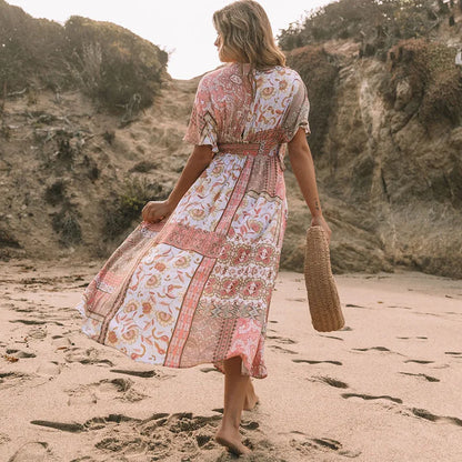 FashionSierra-Floral Printed  Cover-Ups  Women  Casual  Deep V Neck  Elastic Waist  Short Sleeve  Summer  Long  Beach Boho Dress
