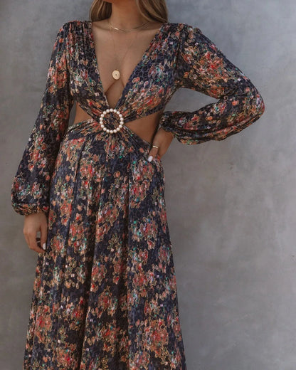 FashionSierra-Long Sleeve  Loose  Women  Vintage  Floral Print  Summer  2025  Beach Wear  High Waist  Backless  Vestidos  Boho Dress