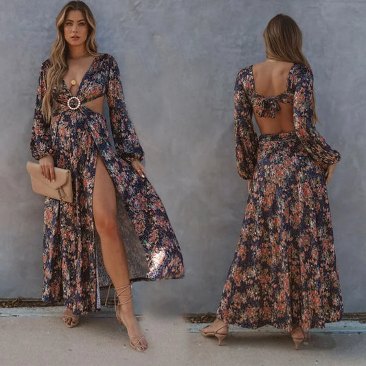 FashionSierra-Long Sleeve  Loose  Women  Vintage  Floral Print  Summer  2025  Beach Wear  High Waist  Backless  Vestidos  Boho Dress