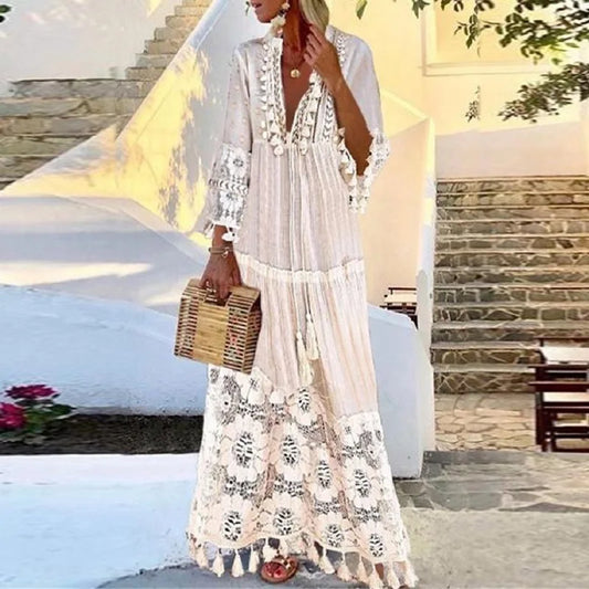 FashionSierra-Long Sleeve  Tassel  Women  Vintage  Floral Embroidery  Beach Wear  Summer  2025  Casual  Lace  Vestidos  Boho Dress