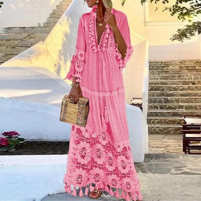 FashionSierra-Long Sleeve  Tassel  Women  Vintage  Floral Embroidery  Beach Wear  Summer  2025  Casual  Lace  Vestidos  Boho Dress
