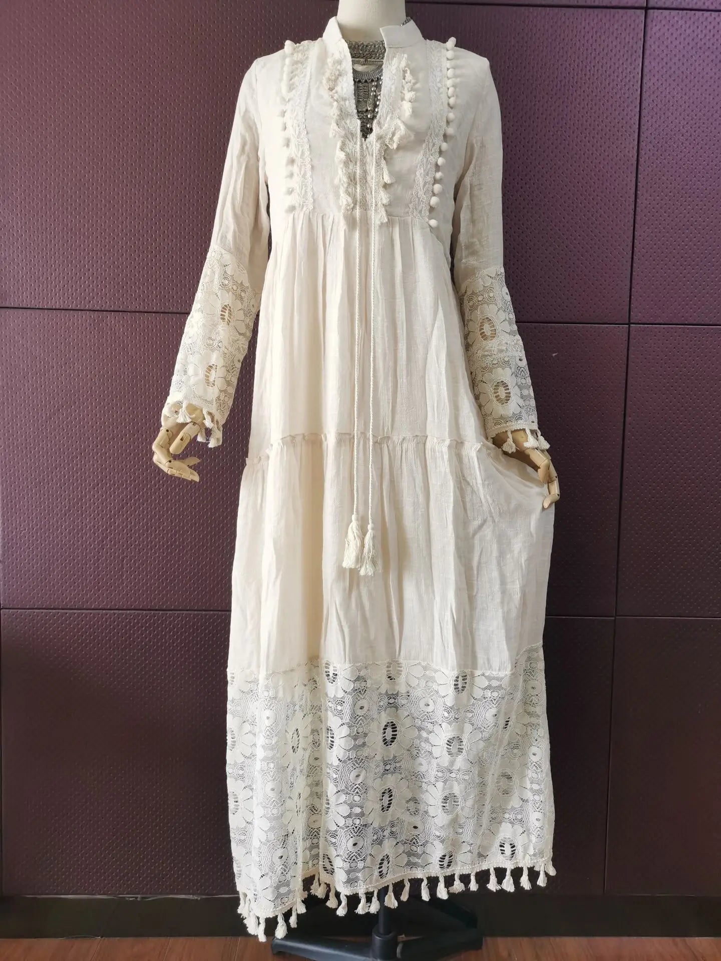FashionSierra-Long Sleeve  Tassel  Women  Vintage  Floral Embroidery  Beach Wear  Summer  2025  Casual  Lace  Vestidos  Boho Dress