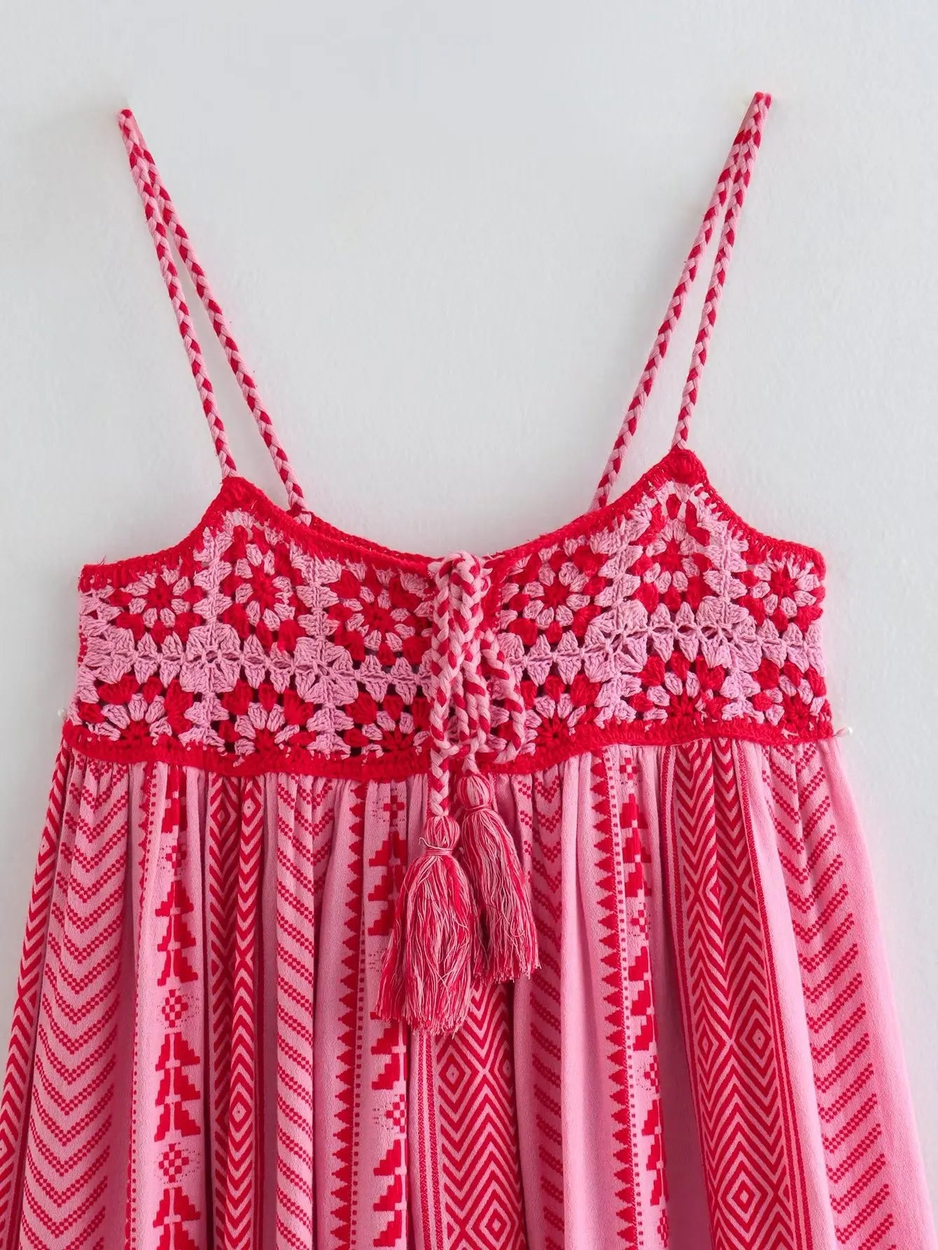 FashionSierra-Pink  Spliced  Crochet Strap  Women  Robe  Vintage  Sleeveless  Backless  Summer  Maxi  Loose  Beach Wear Boho Dress